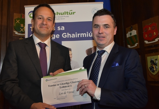 Taoiseach Leo Varadkar presented with the Certificate in Professional Irish